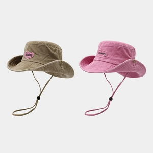 Heart Embroidery Washed Cotton Bucket Hat Outdoor Hiking Sun Protection Western Style With Adjustable Chin Strap For Women