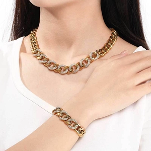 Gold plated 13mm Cuban link necklace and bracelet set with sparkling crystal rhinestones