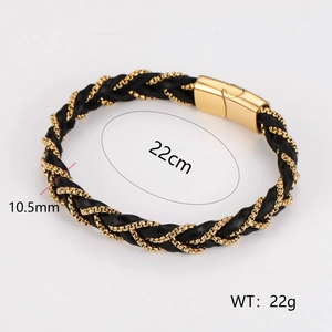 Men's black leather braided bracelet with gold metal chain and magnetic clasp 22cm