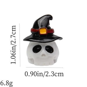 Macro shot of 3D Halloween skull figurine with black wizard hat and dimensions info