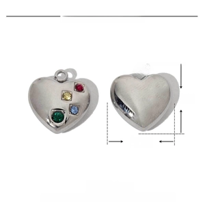 Detail view of heart-shaped stainless steel pendant with dimensions and rhinestones