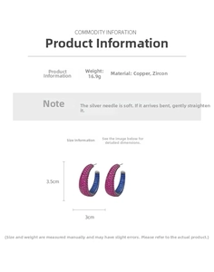 Detailed size specifications for vintage C-shaped earrings in copper and zircon