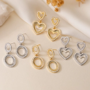 Double Layer Geometric Heart Drop Earrings Copper With Zircon Sparkly Luxury Fashion Delicate Jewelry For Women Elegant