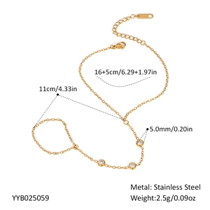 Detailed size chart of gold stainless steel hand chain bracelet with clear zircon stones
