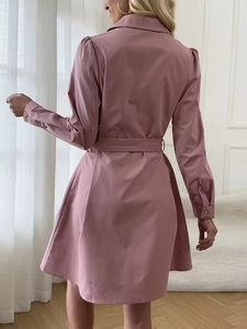 Elegant pink long-sleeved shirt dress with puff sleeves and belt from a back view