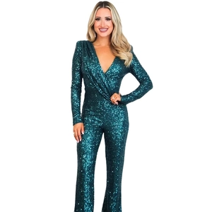 Dark green sequined jumpsuit featuring deep V-neck and long sleeves for party wear