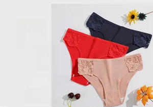 Three-pack cotton ribbed women's briefs with lace trim in navy, red, and beige colors