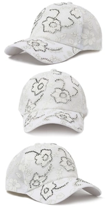 Detailed views of women's white lace baseball cap with floral embroidery and rhinestones
