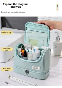 Detail view of mint green travel bag featuring dry-wet separation and mesh pockets