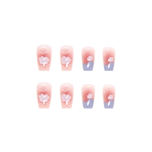 Pink and purple gradient press-on nails featuring cute white clouds and floral patterns