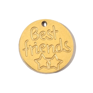 Close-up of a round gold stainless steel charm engraved with Best Friends and stars