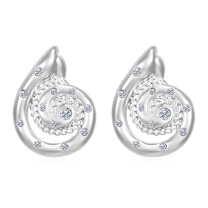 Elegant silver conch shell stud earrings with sparkling pavé zircons on white background