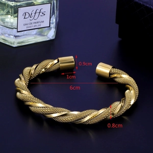 Macro detail of golden twisted cable bangle showing 6cm inner diameter and 0.8cm width