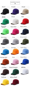 Matrix view of 23 solid color baseball caps featuring six-panel structure and curved brims