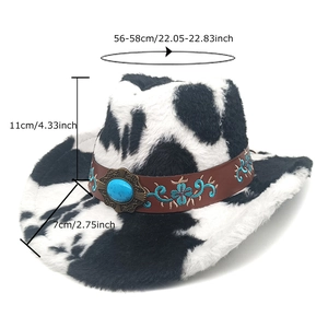 Western cow print cowboy hat with turquoise leather band and blue floral embroidery