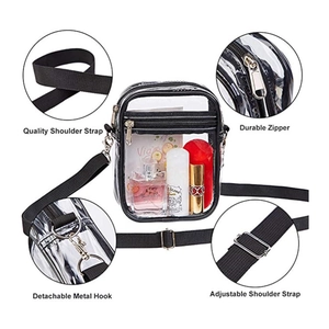 Transparent PVC waterproof crossbody makeup bag with detachable strap and metal hardware