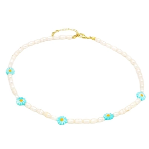 Freshwater pearl necklace with five blue daisy flower charms and gold clasp for women