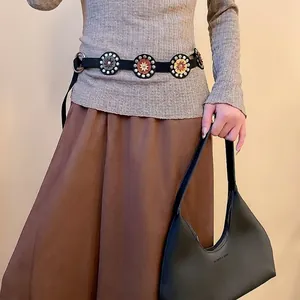 Bohemian Vintage Waist Belt Faux Leather Floral Round Patches Silver Rivet Double O-Ring Ethnic Style Women Accessory
