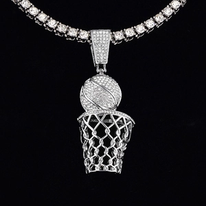 Close-up of silver basketball and hoop pendant with shimmering cubic zirconia stones