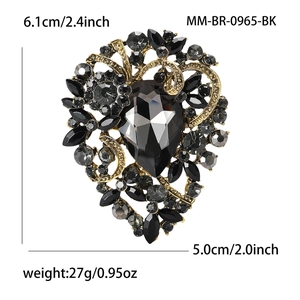 Vintage gold alloy brooch with black crystals and rhinestones, 6.1x5.0cm flower design