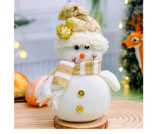 Detailed close-up of a Christmas snowman plush with gold striped hat on a wood base