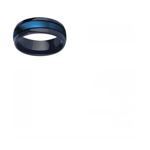 Detail view of 8mm tungsten steel ring showing black outer finish and blue center inlay