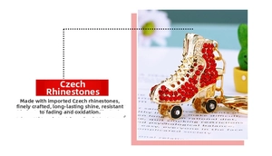 Detailed macro view of gold alloy roller skate keychain set with red Czech rhinestones