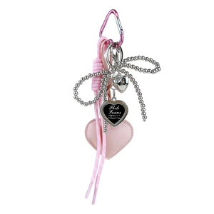 Pink PU leather heart keychain with silver beaded bow and photo frame charm