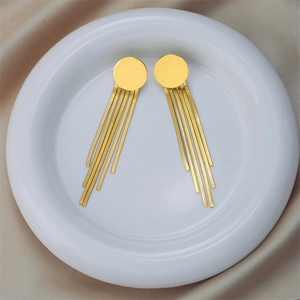 Elegant gold titanium steel round stud earrings with hanging snake chain tassels