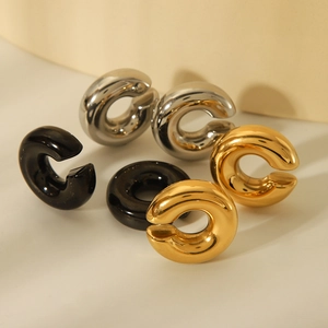 Minimalist C-shaped stainless steel earrings in gold, silver, and black finishes