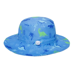 Detail of adjustable chin strap and drawstring on blue dinosaur sun hat for kids
