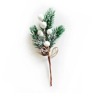 Christmas pick with flocked pine needles, white berries, and natural pinecone on twine stem
