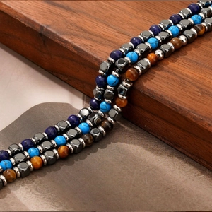 Men's retro beaded bracelet with natural tiger eye, lapis lazuli, and turquoise stones