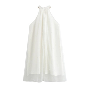 Elegantes weißes Neckholder-Kleid mit Netz-Overlay und feinen Perlenverzierungen