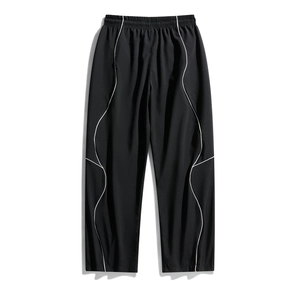 Women's casual black high-waisted wide-leg trousers with elegant white curved side stripes