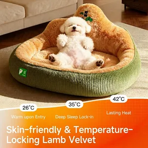 Green corduroy pet bed with thermal sherpa lining for small dogs and cats in winter