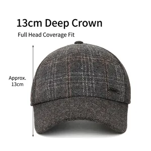 Casquette de baseball d'hiver à carreaux gris foncé avec protège-oreilles et 13 cm