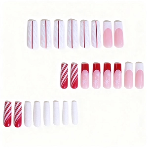 Long coffin Christmas press-on nails with red stripes and white snowflake glitter designs