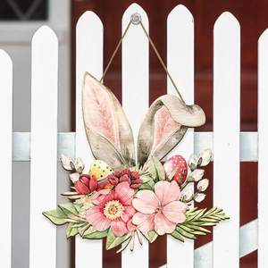 Panneau de porte lapin de Pâques en bois avec fleurs de printemps et œufs colorés