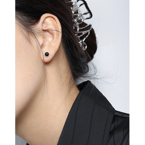Minimalist S925 sterling silver stud earrings featuring a geometric black agate round inlay