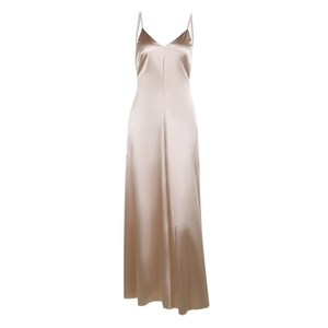 Robe longue élégante en satin champagne avec col en V et design dos nu sophistiqué