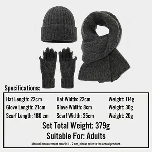 Three-piece winter knit set with dark grey beanie, scarf, and touch screen gloves
