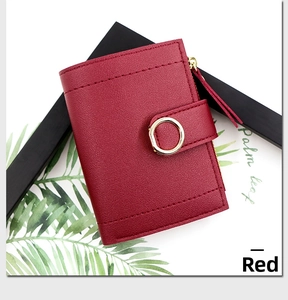 Detail of red small wallet with gold zipper and round metal buckle on clean background