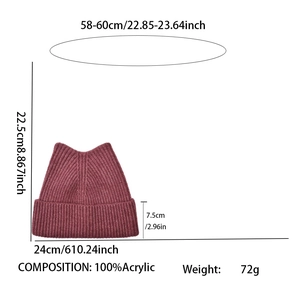 Detail view of burgundy cat ear knit beanie with material specs and 22.5cm height dimension
