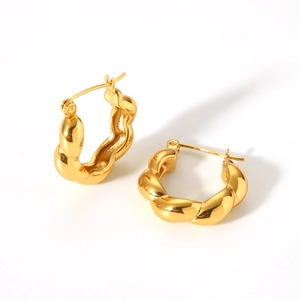 Polished 18K gold stainless steel twisted rope hoop earrings with secure latch back