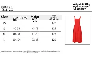 Tableau des tailles pour robe rouge dos nu avec mesures du XS au L en centimètres