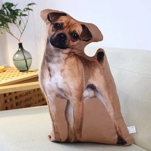Realistic dog shaped plush pillow on a cozy sofa with high definition animal print