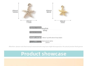 Detailed size chart for alloy starfish pendants in gold and white gold finishes