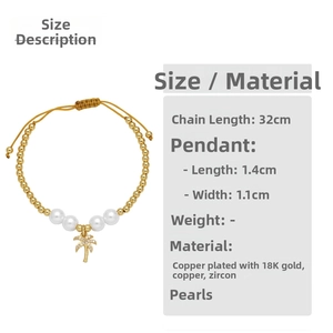 Detail of 18K gold-plated beaded bracelet with zircon palm tree charm and sizing info