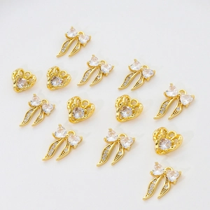 14K gold plated bow and heart pendants with zircon stones for DIY jewelry making